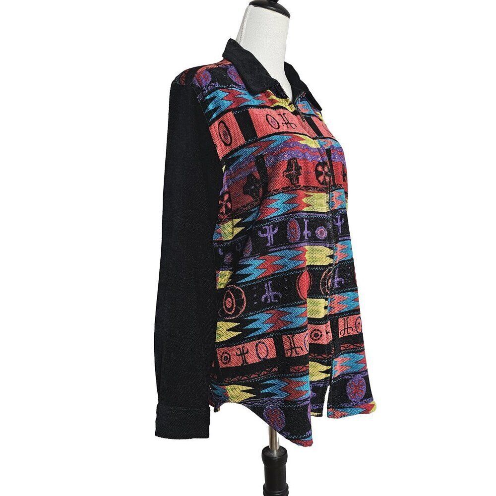 Vintage Chico's Design Medium Black and Tribal Eclectic Print Chenille Zip Up - Picture 4 of 5